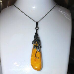 925 Polished Yellow Pendant Necklace Sterling Silver Leaf Design Chain 20 inch